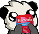 a cartoon panda is holding a can of bescherelle in its hands .