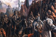 a painting of a knight riding a horse with a spear .