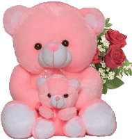 a pink teddy bear is holding a smaller teddy bear next to a bouquet of roses .