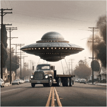 a truck is carrying a flying saucer with a license plate that says ' lc '