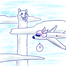 a cartoon drawing of a cat and a plane with a speech bubble that says !!