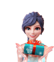 a girl with blue hair is holding a blue gift box with an orange ribbon