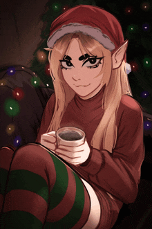 a drawing of a girl wearing a santa hat and holding a cup of coffee