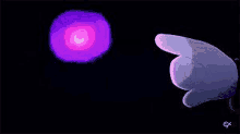 a cartoon hand is pointing at a purple light in the dark .