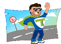 a cartoon of a man wearing sunglasses and a cape with the letter t on his shirt