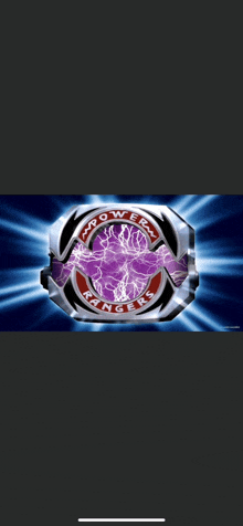 a picture of a power rangers logo with purple lightning coming out of it