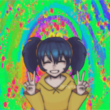 a drawing of a girl giving a peace sign with the name artytx on the bottom