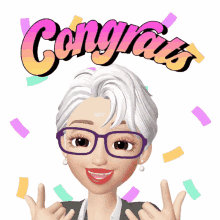 a cartoon woman with glasses and the words congrats above her head