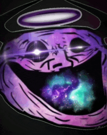 a purple troll with a galaxy in the background