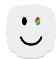 a white smiley face with a rainbow planet in one eye