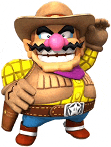 a cartoon cowboy with a pink nose and mustache is holding a gun