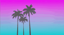 three palm trees are silhouetted against a pink and blue sky