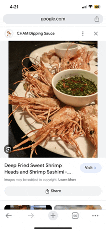 deep fried sweet shrimp heads and shrimp sashimi on a plate