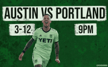 a poster for austin vs portland shows a soccer player in a green jersey