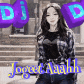 a girl in a plaid shirt is standing in front of purple letters that say jogeet aaah