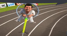 a cartoon man is riding a bicycle on a track with aaap and inc signs in the background