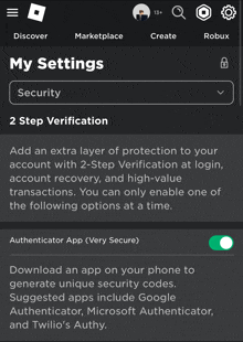 a screenshot of the roblox app showing the security settings