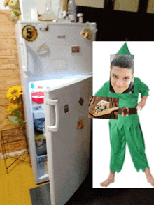 a picture of a boy in a green elf costume next to a white refrigerator