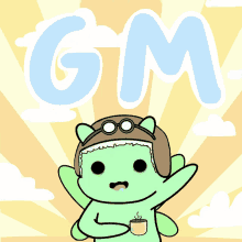 a cartoon character wearing a helmet and goggles is holding a cup of coffee in front of the letter gm