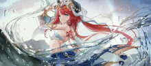 a girl with red hair is surrounded by waves of water