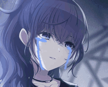 a girl with purple hair has a blue tear running down her cheek