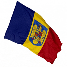 a blue yellow and red flag with an eagle and shield on it