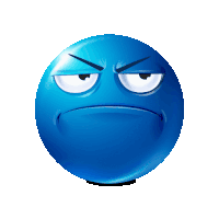 a blue smiley face has an angry look on its face