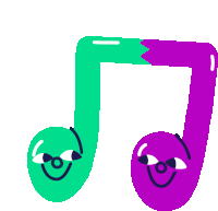 a green and a purple music note with faces on them