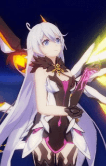 a girl with long white hair and blue eyes is holding a sword in her hands .