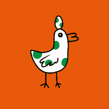 a drawing of a white bird with green polka dots and a green beak