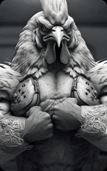 a black and white photo of a chicken with gloves on its arms