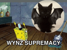 a picture of spongebob and a bat with the words " wynz supremacy " below it