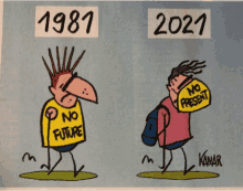 a cartoon shows a man with a mohawk wearing a shirt that says no future