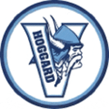 the hoggard vikings logo is a blue and white circle with a viking head in the middle .