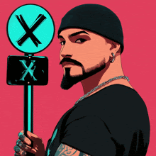 a man with a beard holds a sign that says x