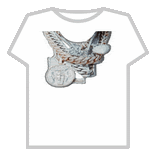 a white t-shirt with a picture of a medal hanging from a chain .