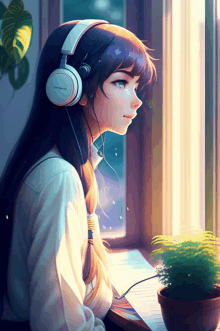 a girl wearing headphones looks out the window