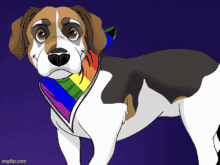 a drawing of a dog wearing a rainbow scarf