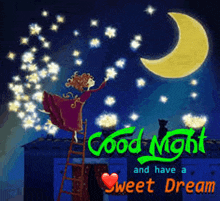 a good night and have a sweet dream greeting card with a woman on a ladder