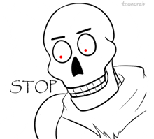 a black and white drawing of a skeleton with red eyes and the word stop below it