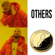 a man in a red jacket is making a funny face next to a gold rodo token coin