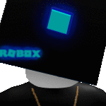 a person with a black box on their head that says roblox .