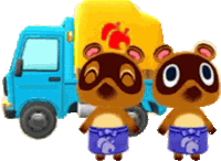 two cartoon animals are standing next to a blue truck