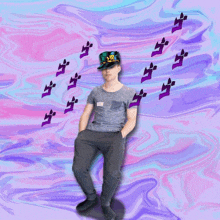 a man wearing a jojo hat is sitting in front of a purple and pink background