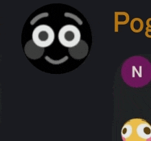 a black circle with white eyes and the word pog in orange