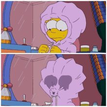 a cartoon character is looking at herself in a mirror while wearing a purple hoodie