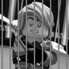 a black and white photo of a lego ninjago character behind bars .