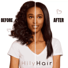 a woman 's hair is shown before and after using a product called hily hair