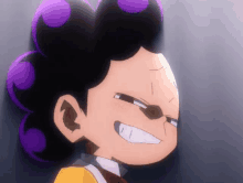 a cartoon character with purple hair and a yellow shirt is smiling