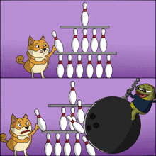 a cartoon shows a dog throwing a bowling ball at a stack of bowling pins